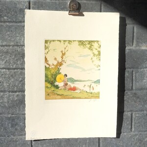 Antique Print / 1943 Woman with a Frog / Signed Full-Color Print / Heavy Handmade Paper / Munich Printing