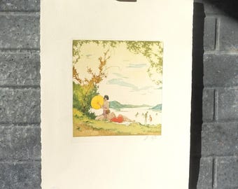 Antique Print / 1943 Woman with a Frog / Signed Full-Color Print / Heavy Handmade Paper / Munich Printing