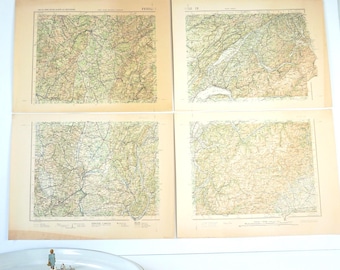 French Maps / Authentic / France including Lyon, Dijon, St Etienne, Berne, Geneve / Newly Found / 4 Color Panels / Map IX