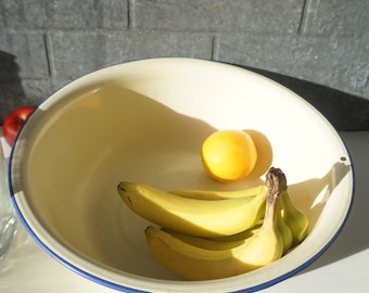 Enamelware / Large 14 1/2" Round Bowl / Tub / Lightweight / Charming useful antique / Pale Yellow with Blue Edge