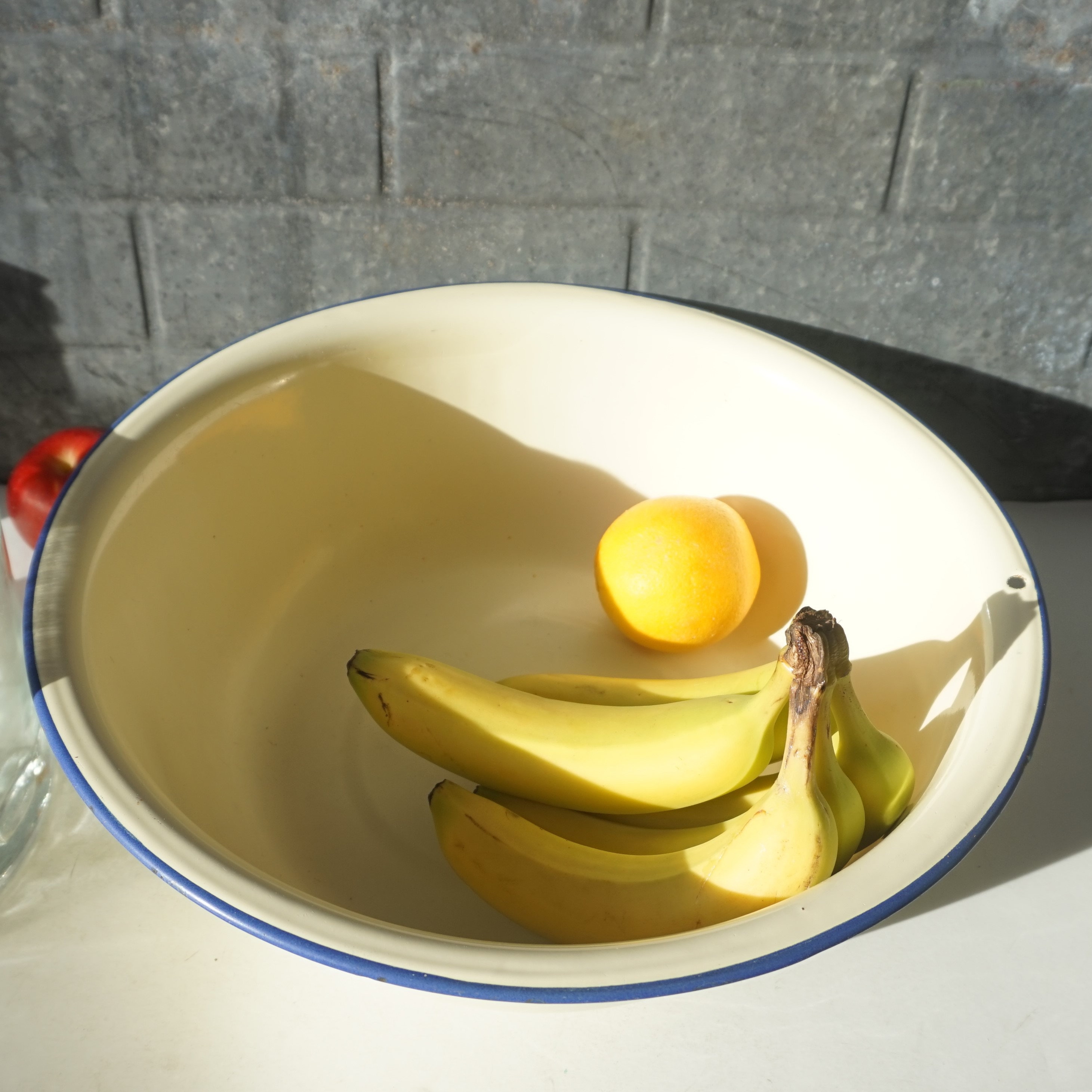 Enamelware / Large 14" Round Bowl / Tub / Lightweight / Charming useful antique / Pale Yellow with Blue Edge