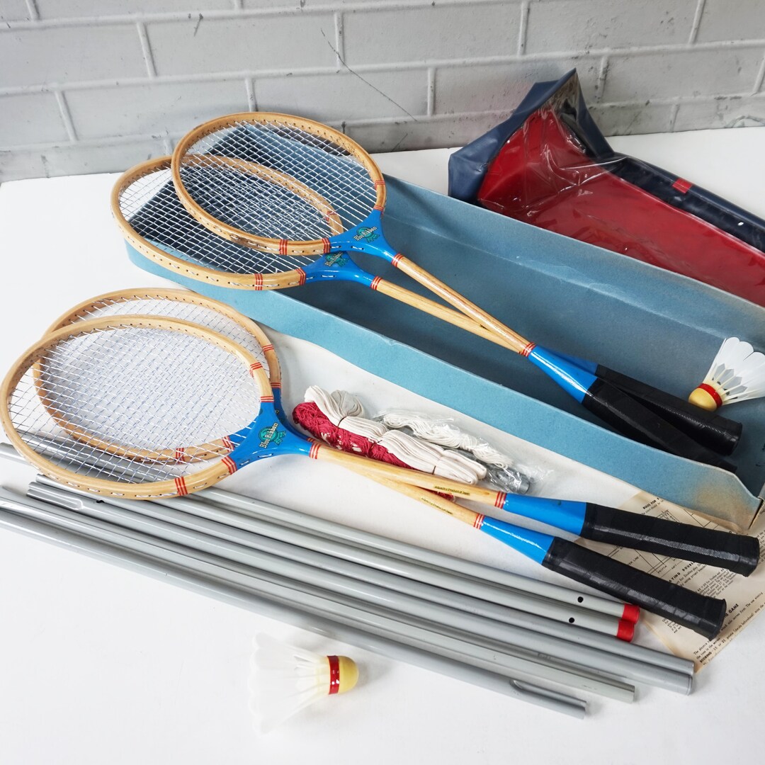 Badminton Set / Vintage Complete in Original Box / Net /4 Wooden Handled Rackets / Poles String