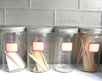 Vintage Clear Glass Jars / Collection of 4  / Wide-mouth  with Aluminum lids / Great for Display and Collecting