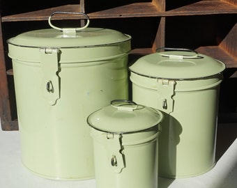 Metal Canisters / Vintage Neutral Green Canisters  / Sturdy and Clean / Mixes Well with Everything