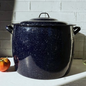 May include: A large, blue enamel stock pot with white speckles. The pot has a lid and two handles.