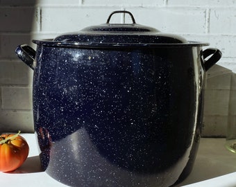 May include: A large, blue enamel stock pot with white speckles. The pot has a lid and two handles.