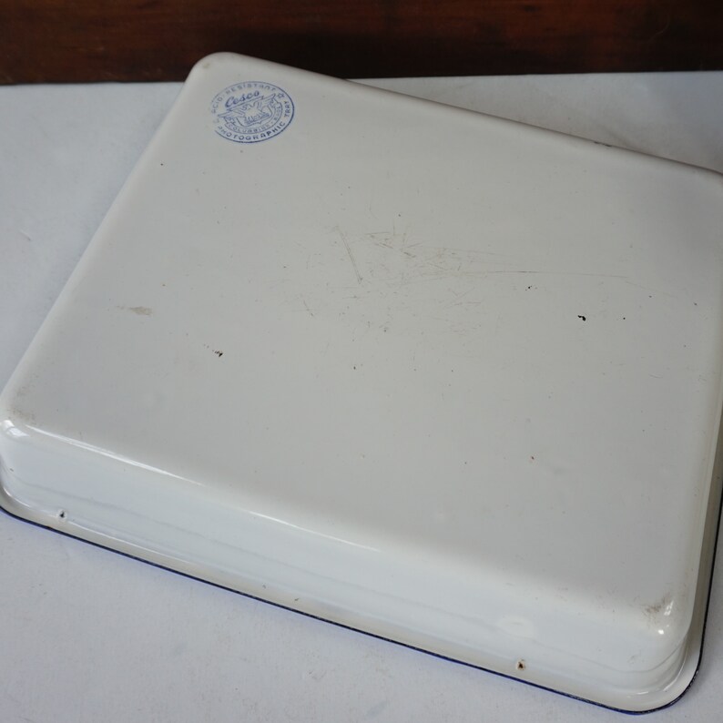 White Rectangular Pan with Blue edge / Good Usable Condition / Photo Tray / Enamelware at its best image 4
