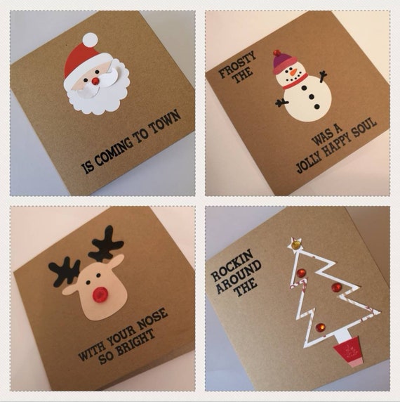 Christmas Cards With Song Carol Music Lyrics Cute Santa Claus Rudolph Snowman And Christmas Tree Rustic Brown Red Pack Of 4
