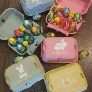 Easter Egg box, Personalised with name and bunnies (no chocolate eggs included) comes with the shredded paper and little chicken.