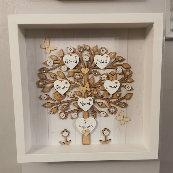 Family Tree frame, personalised up to 14 names, any colour, wooden tree and hearts, Wedding, Birthday, Mothers Day  Mum Christmas Box frame