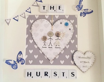 Wedding gift, wooden heart with stick man, scrabble frame with bunting  and butterflies. personalised names and date