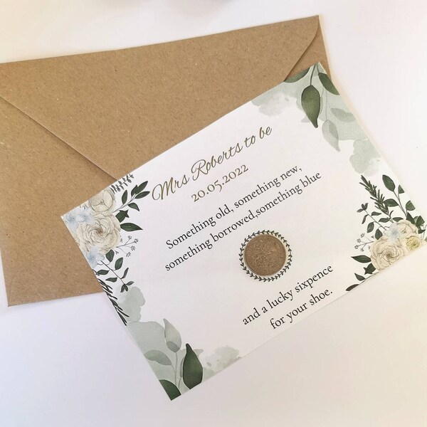 Lucky sixpence with card for bride to be personalised with name and wedding date