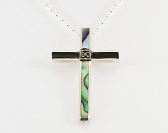 Croix en argent sterling et nacre naturel, collier homme, collier croix, pendentif homme, pendentif croix, croix nacre naturel, bijoux homme