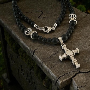 Men medieval necklace with black onyx, men necklace,men onyx necklace, medieval necklace, men cross pendant