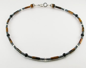 Collier onyx noir et oeil de tigre , collier homme, collier pierre, collier onyx noir, bijoux homme, cadeau homme, stabilité