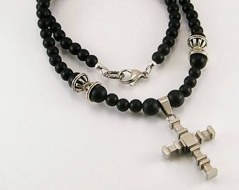 Men medieval necklace with black onyx, men necklace,men onyx necklace, medieval necklace, men cross pendant