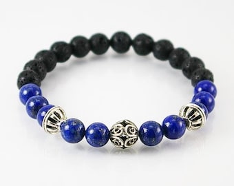 Lapis lazuli and lava rock mens bracelet,mens bracelet, gemstone bracelet, men jewelry, unisex bracelet, men gift, lava rock, spiritual