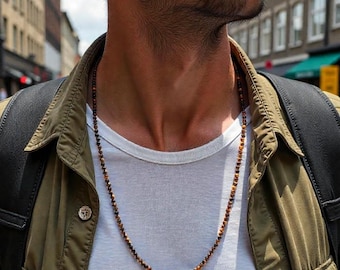 Naturalny naszyjnik z tygrysiego oka 4 mm, naszyjnik męski, biżuteria męska, biżuteria z Quebecu, naszyjnik unisex, prezent dla mężczyzny, tygrysie oko