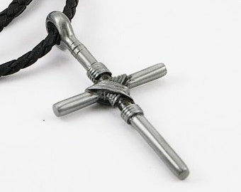 Men cross necklace on adjustable leatherette cord, mens necklace, men jewelry, leather necklace, men gift, cross pendant