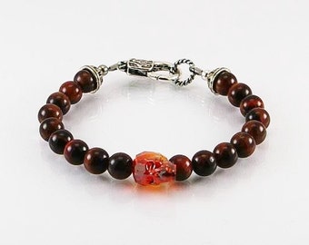 Bracelet  pour homme en oeil de tigre rouge avec crâne de cristal,  bracelet homme,  cadeau homme, bracelet unisexe, crâne