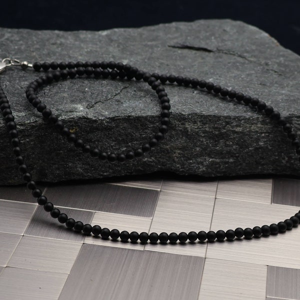 Collier 4mm en onyx noir mat naturel, collier homme, bijoux homme, bijoux québécois,  collier unisexe, cadeau homme, onyx noir mat