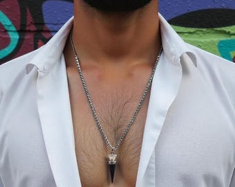 Colgante de ónix negro, collar de acero inoxidable, collar para hombre, colgante para hombre, colgante unisex, idea de regalo