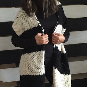 Color block oversized scarf/ shawl.  Versatile winter accessory. Black/fisherman white oversized scarf/ shawl with fringe