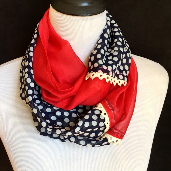 American flag inspiration infinity scarf/ color block chiffon scarf with crocheted trim/ women's scarf in a loop/ circle scarf