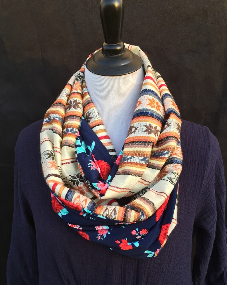 Boho Infinity Scarf. Latin American Fabric With Contrast Navy Etsy