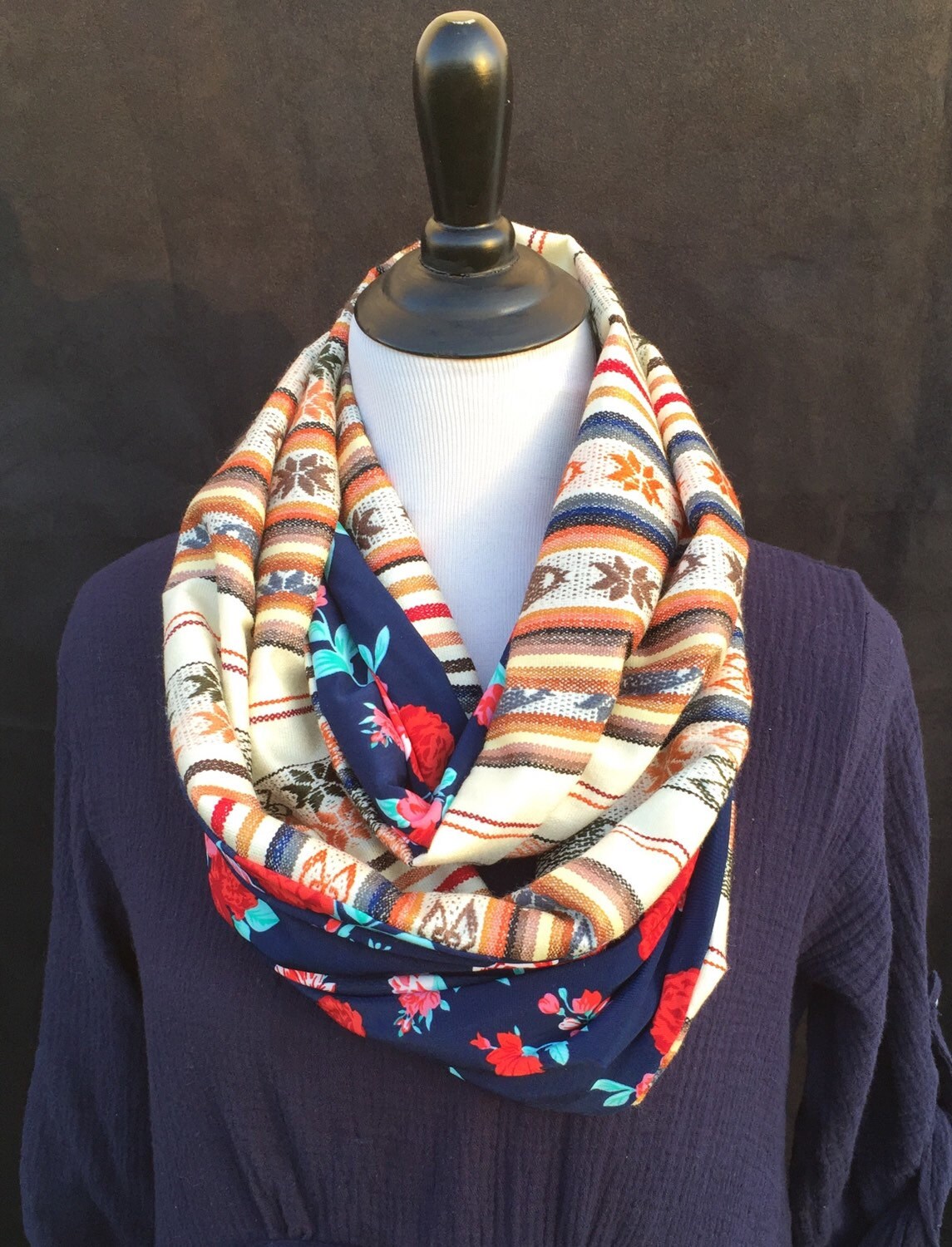 Boho Infinity Scarf. Latin American Fabric With Contrast Navy - Etsy