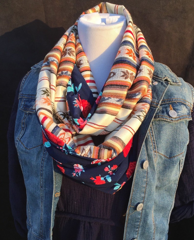 Boho Infinity Scarf. Latin American Fabric With Contrast Navy Etsy