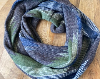 Aztec infinity scarf, soft, winter scarf olive green/navy blue