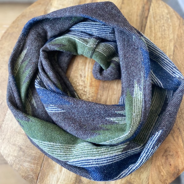 Aztec infinity scarf, soft, winter scarf olive green/navy blue