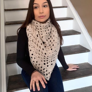Fiber white crocheted scarf. A versatile piece can be worn as a shawl and a scarf, will keep you warm in winter and fall.