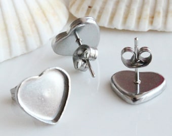 20 st 10 mm 12 mm hjärtformade örhängen i rostfritt stål med basinfattningar, tomma örhängen, hypoallergena örhängen, örhängen med bezel