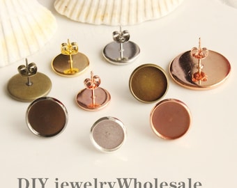20pcs Earring Stud Settings,Bezel Earring Blanks, Bezel Earring Studs Trays  8 10 12 14 16mm Brass Earring Posts With Round Pad