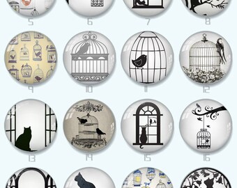 May include: Twenty-four round, colorful, glass cabochons with various images of birds, cats, and cages. The images are in black and white and feature a variety of designs.