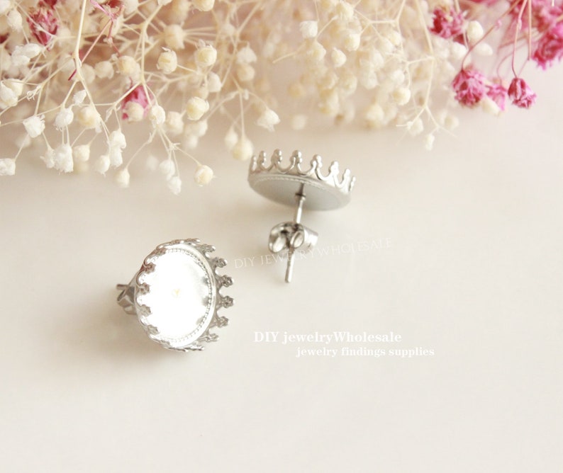 20PCS 12mm Crown STAINLESS Steel Earring Stud Bezel Settings,Blank Bezel Bezel earring Blanks with backs,No allergic Earring Posts