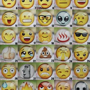May include: A set of 40 yellow emoji glass cabochons with various expressions, including happy, sad, surprised, and angry. The cabochons are approximately 1 inch in diameter.