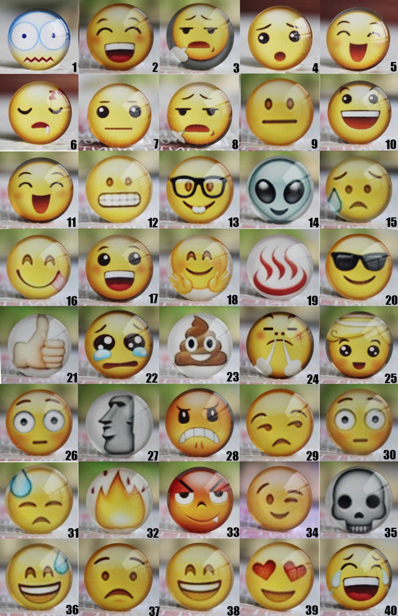 May include: A set of 40 yellow emoji glass cabochons with various expressions, including happy, sad, surprised, and angry. The cabochons are approximately 1 inch in diameter.