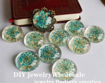 30mm Runde Form blaue und weiße getrocknete Blumen flach zurück Resin Cabochons, 30 mm Cabochon, DIY Schmuck, Schmuckzubehör