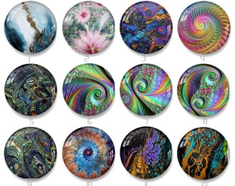 Könnte beinhalten: Zwölf runde Glascabochons mit verschiedenen bunten abstrakten Designs. Die Designs umfassen Wirbel, Spiralen und geometrische Muster.