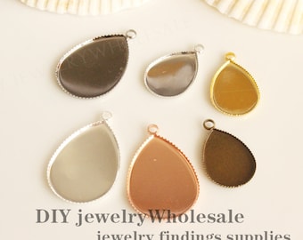 20pcs 13x18mm/18x25mm Brass Teardrop Pendant Setting Blanks, 18x25mm Pendant Tray,Cameo Base Setting Bezel Pendant