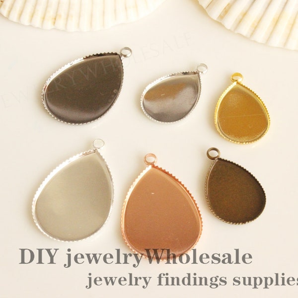 20pcs 13x18mm/18x25mm Brass Teardrop Pendant Setting Blanks, 18x25mm Pendant Tray,Cameo Base Setting Bezel Pendant