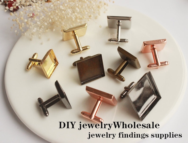 May include: Assortment of eight cufflinks with square glass inlays. The cufflinks are in various finishes, including gold, silver, bronze, and rose gold. DIY jewelry wholesale jewelry findings supplies.