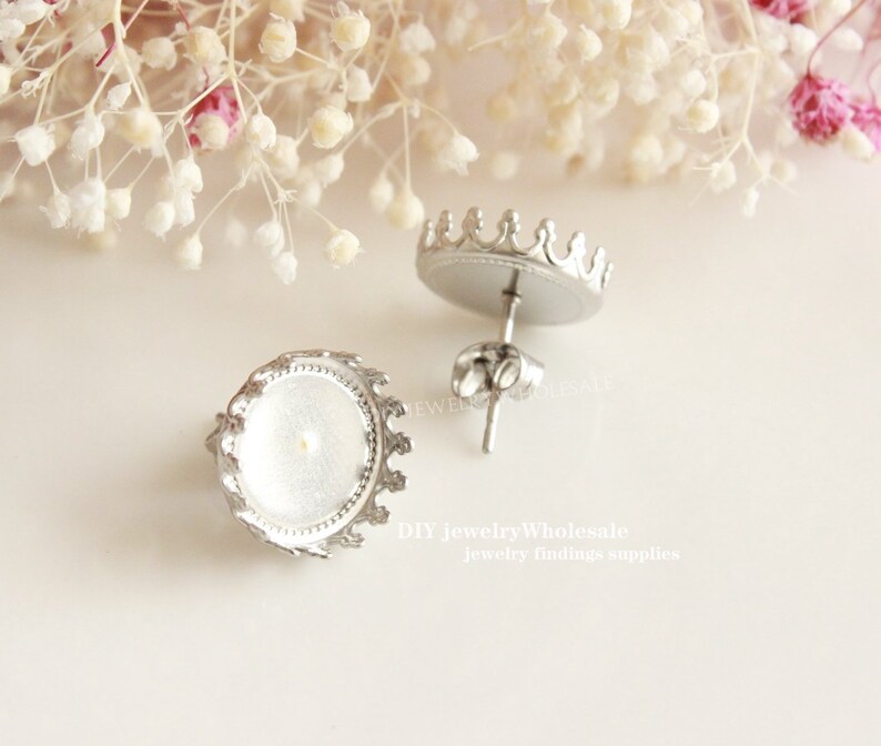 20PCS 12mm Crown STAINLESS Steel Earring Stud Bezel Settings,Blank Bezel Bezel earring Blanks with backs,No allergic Earring Posts