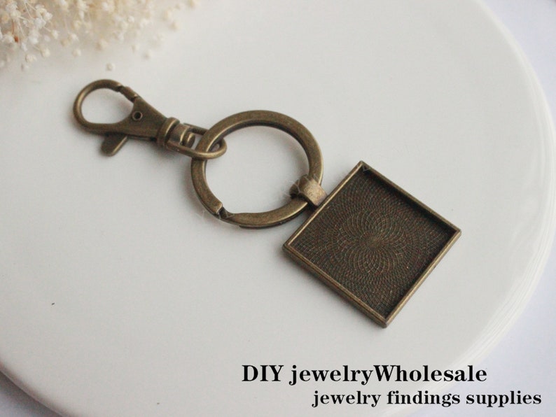 Base Setting Key ring chains Key chains blank bezel 10sets square Photo Keychains DIY Kit 25mm key chain attachments pendant trays