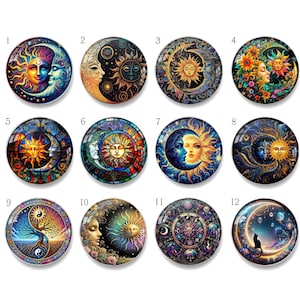 May include: A set of twelve circular glass cabochons with celestial themes. Each cabochon displays a distinct design of the sun, moon, and stars in vivid colours. Designs include faces, floral elements, and abstract patterns.