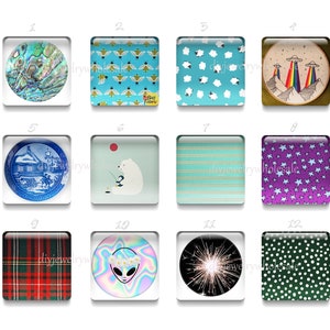 May include: Twelve different designs for round, flat, decorative, glass cabochons. The designs include a seashell, bees, clouds, a UFO, a blue and white plate, a polar bear, stripes, stars, plaid, an alien, fireworks, and polka dots.