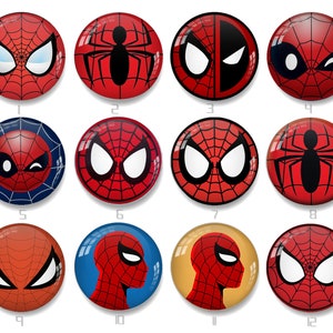 Può includere: Dodici bottoni rotondi, rossi e neri, a tema Spider-Man con vari disegni, tra cui un ragno, una maschera e un profilo di Spider-Man.